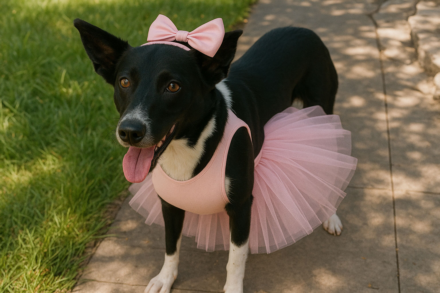 McNab dog dressed up as a couture ballerina