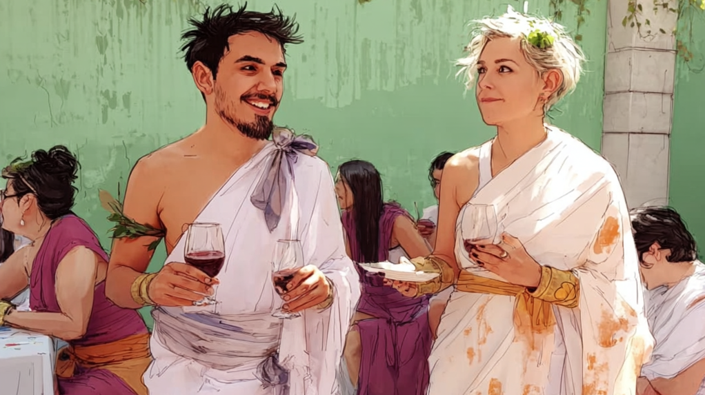 Man and woman in togas