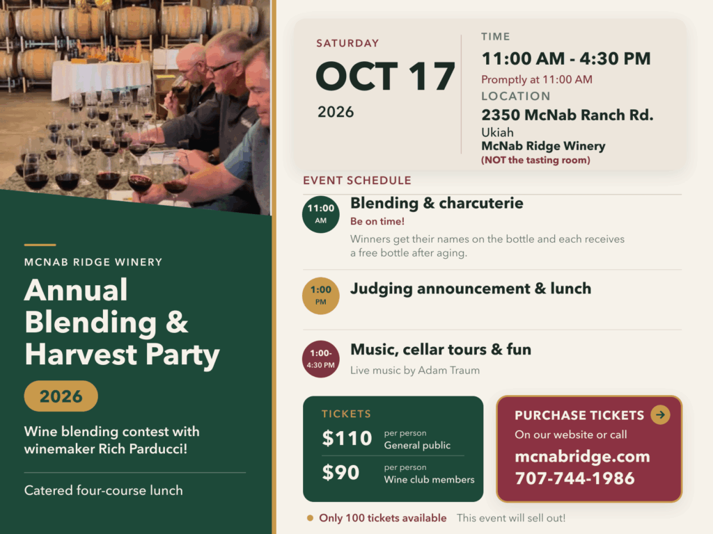 McNab Ridge Winery Annual Blending and Harvest Party, Saturday October 17, 2026, 11 a.m. to 4:30 p.m. at 2350 McNab Ranch Road, Ukiah. Tickets $110 general, $90 wine club.