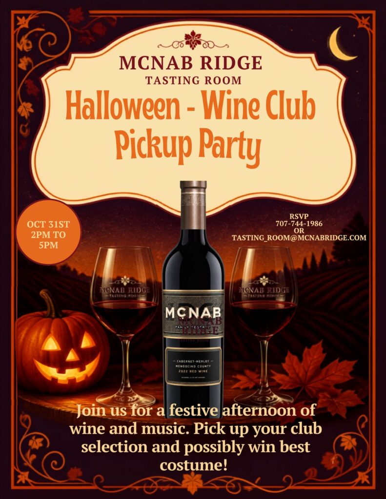 Flyer for the McNab Ridge Tasting Room Halloween Wine Club Pickup Party, October 31, 2 to 5 p.m.; the full text is transcribed below