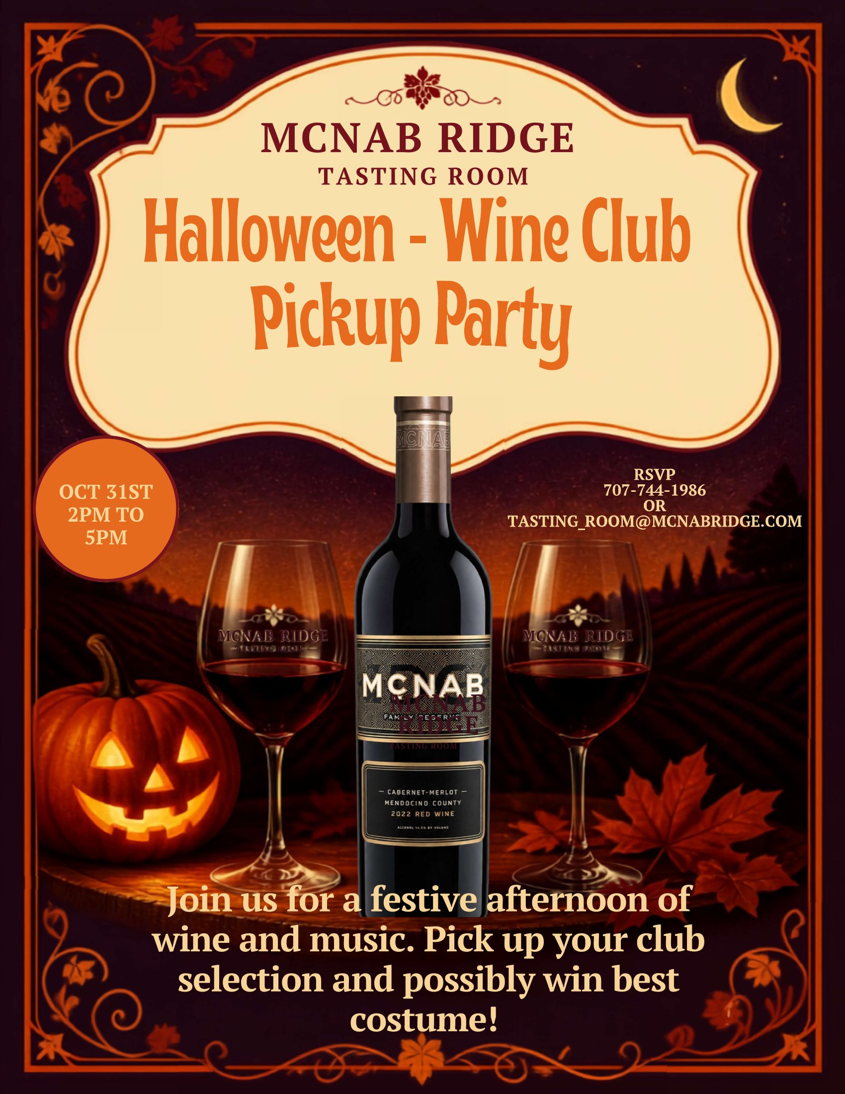 Flyer for the McNab Ridge Tasting Room Halloween Wine Club Pickup Party, October 31, 2 to 5 p.m.; the full text is transcribed below